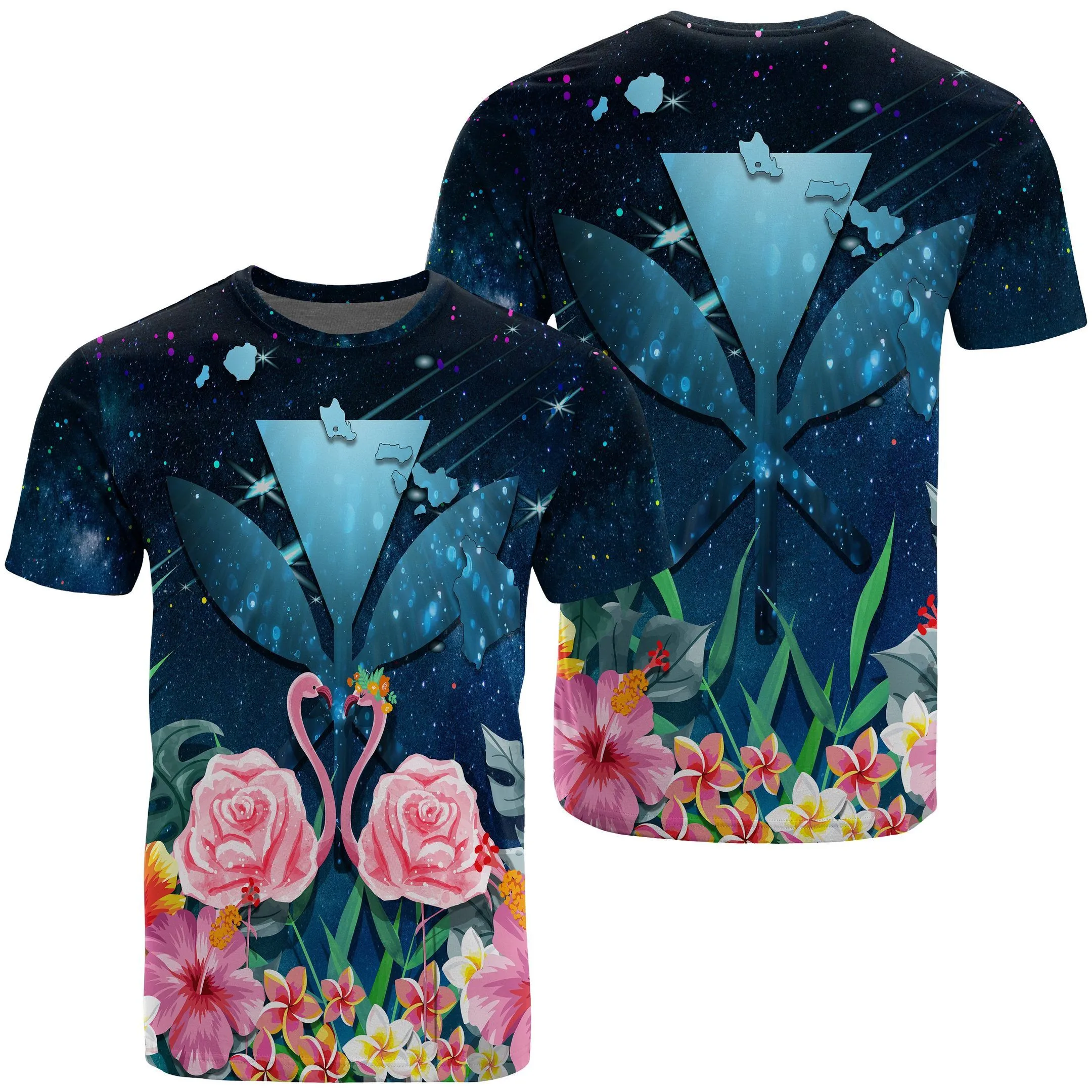 Kanaka Flamingo Couple Rose Hibiscus Plumeria T Shirt Love Universe Ah Jw Hawaiian Shorts Beach Short Sleeve
