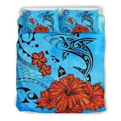 FamilyGater Home Set - Hawaiian Map Kanaka Shark Hibiscus Plumeria Ocean Background Polynesian Bedding Set - AH J9