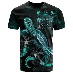 Fiji Polynesian T-Shirt - Turtle With Blooming Hibiscus Turquoise