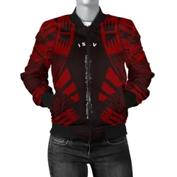 Society Islands Women Bomber Jacket - Polynesian Tattoo Red - BN0110