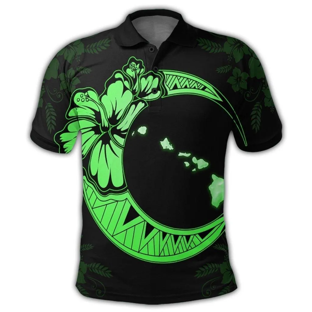 Hawaiian Map Hibiscus Turtle Polynesian Moon Polo Shirt Green