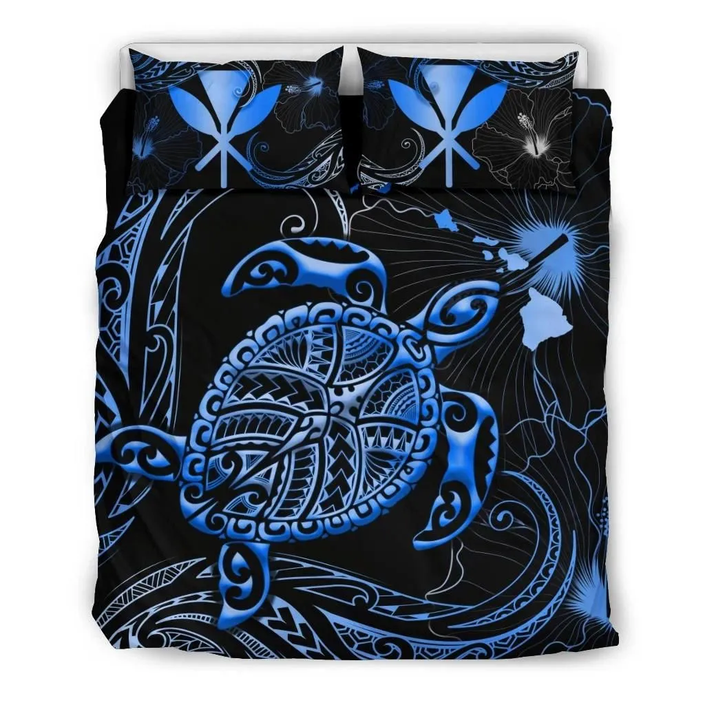 Alohawaii Bedding Set - Cover and Pillow Cases Kanaka Maoli Hawaiian Map - Turtle Polynesian Hibiscus Blue K4