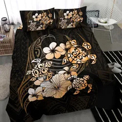 Golden Turtle Hibiscus Mix Plumeria Polynesian Bedding Set