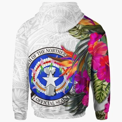 Northern Mariana Islands Hoodie Hibiscus Polynesian White pattern