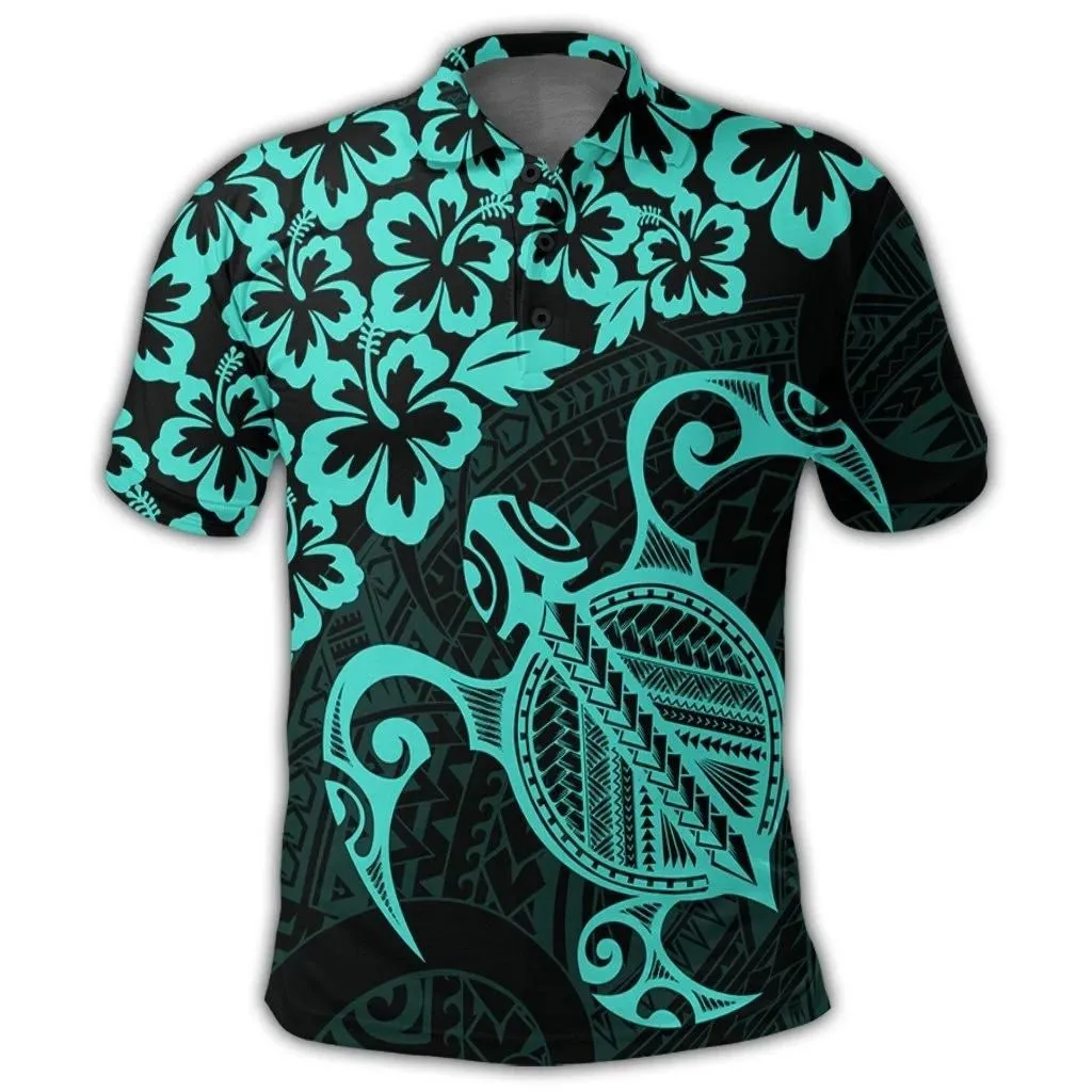 Alohawaii Shirt - Hawaiian Map Turtle Hibiscus Kanaka Polynesian Polo Shirt - Turquoise - AH - J4R