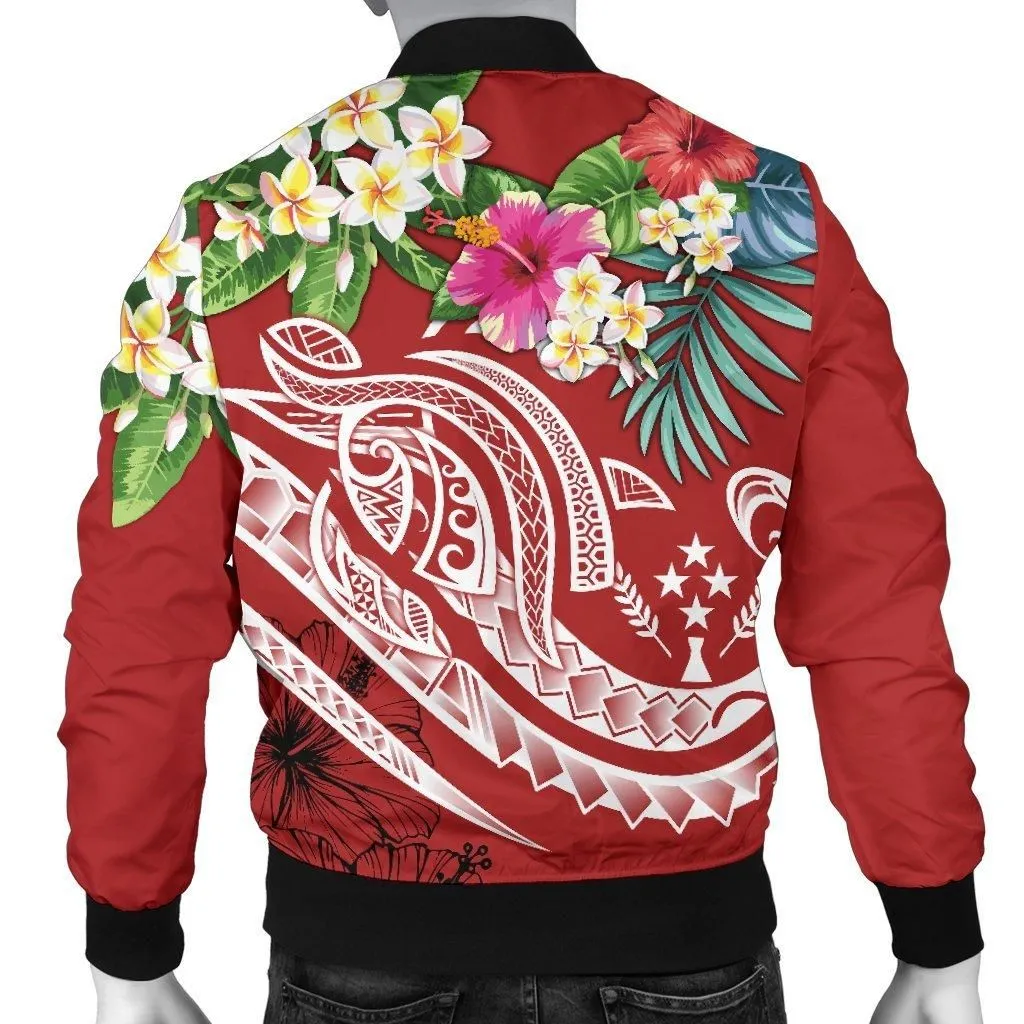 Kosrae Polynesian Mens Bomber Jacket - Summer Plumeria (Red)