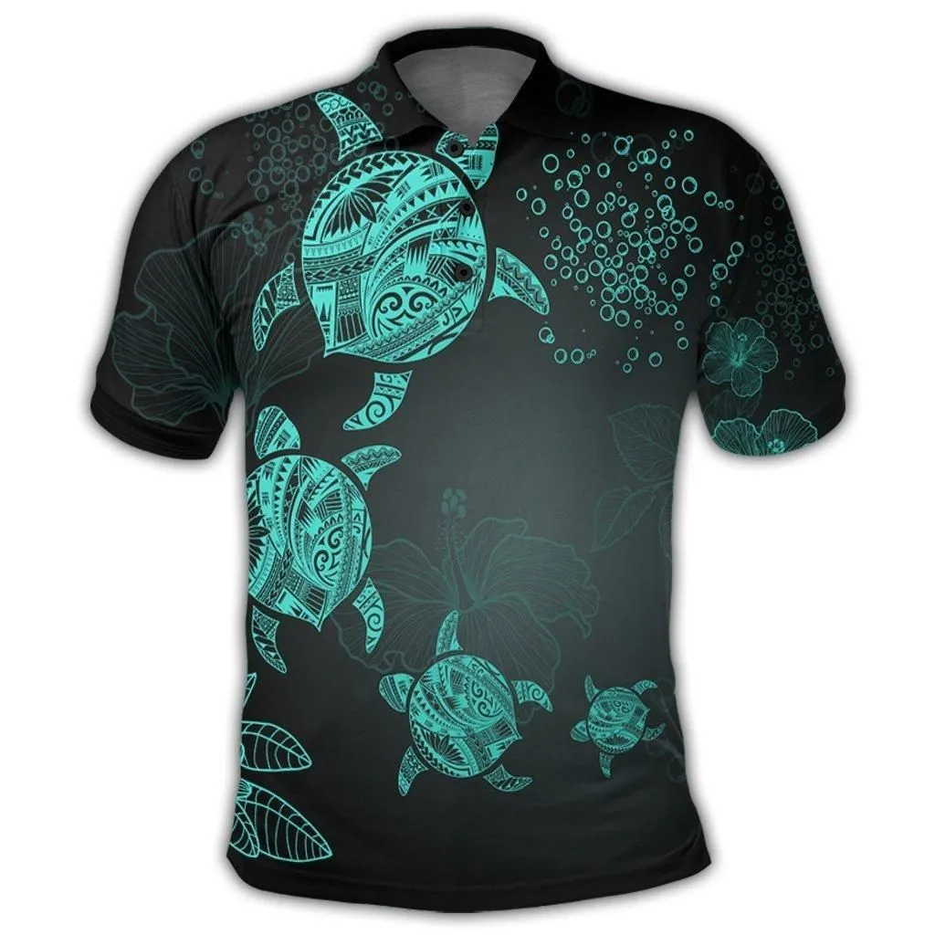 Hawaiian Plumeria Hibiscus Turtle Under Sea Polynesian Polo Shirt Blue