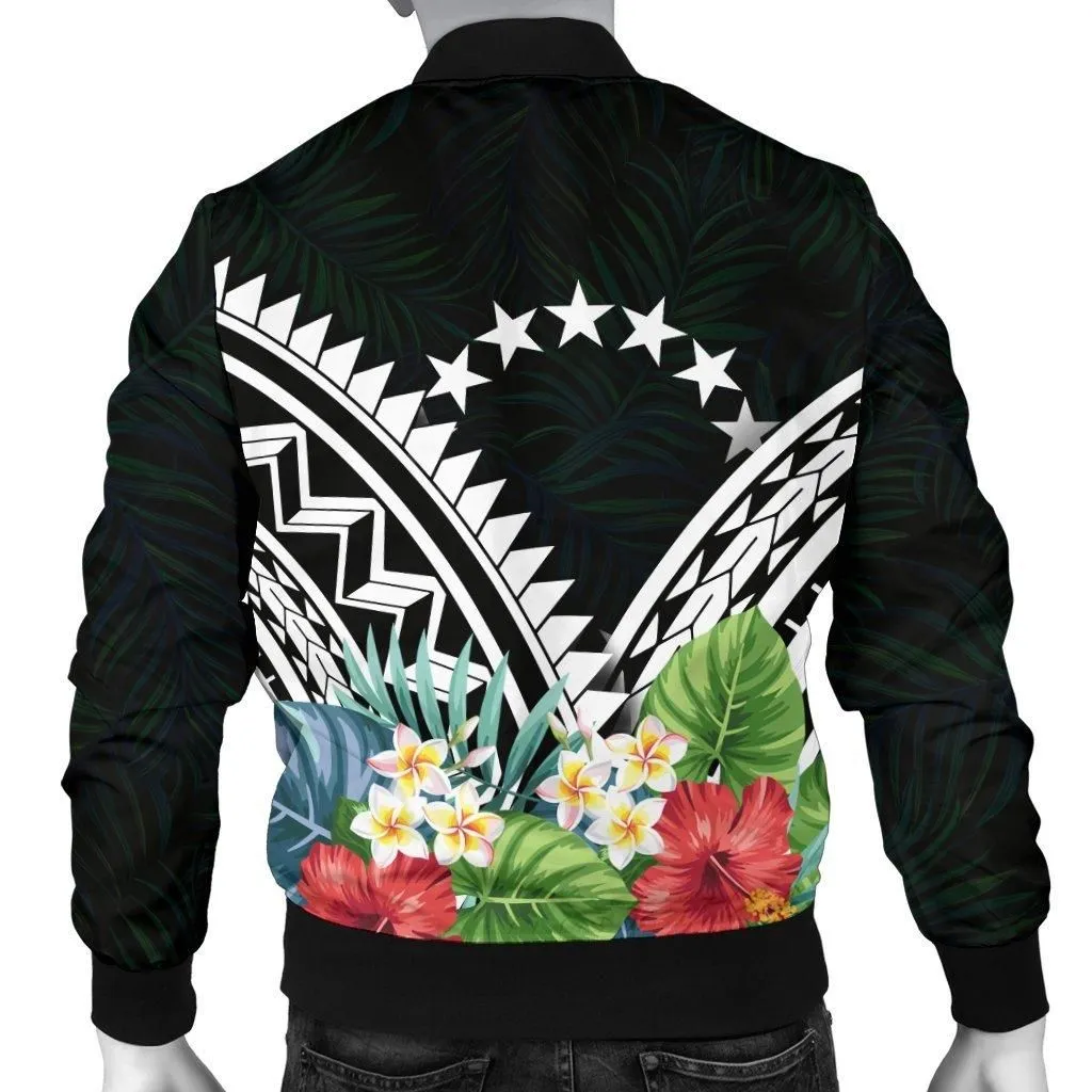 Cook Islands Mens Bomber Jacket - Cook Islands Coat of Arms & Polynesian Tropical Flowers White