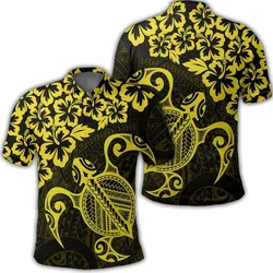 Hawaiian Map Turtle Hibiscus Kanaka Polynesian Polo Shirt - Yellow - AH