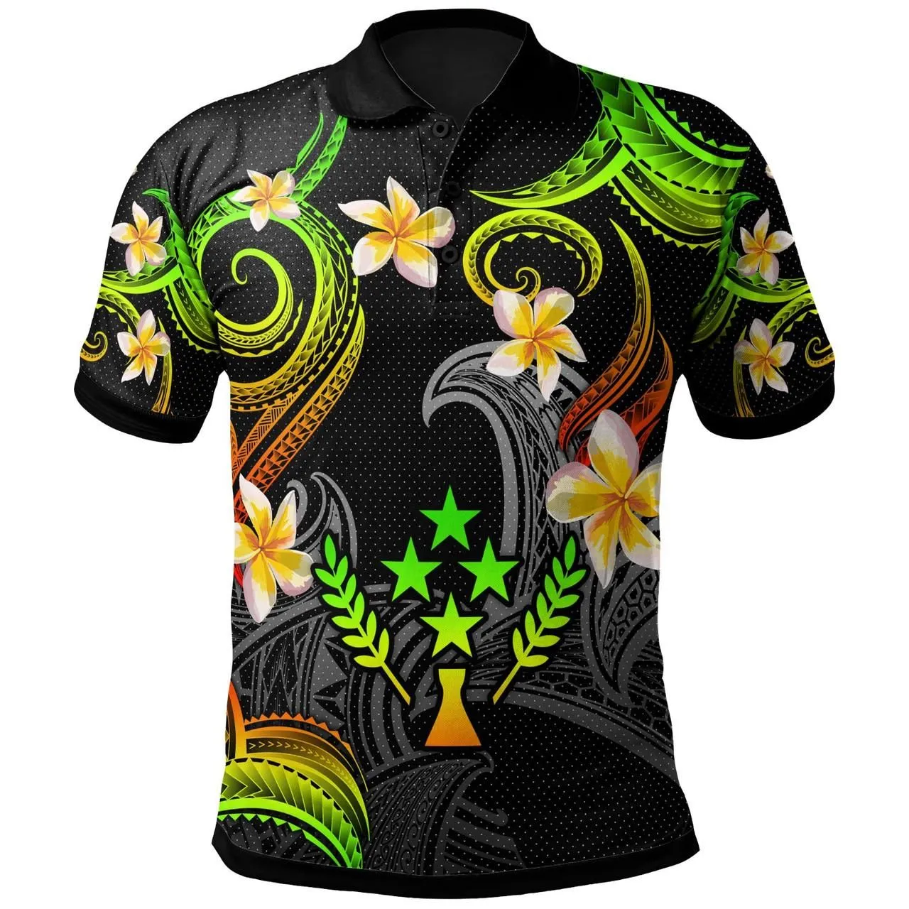 Kosrae Polo Shirt - Custom Personalised Polynesian Waves with Plumeria Flowers (Reggae)
