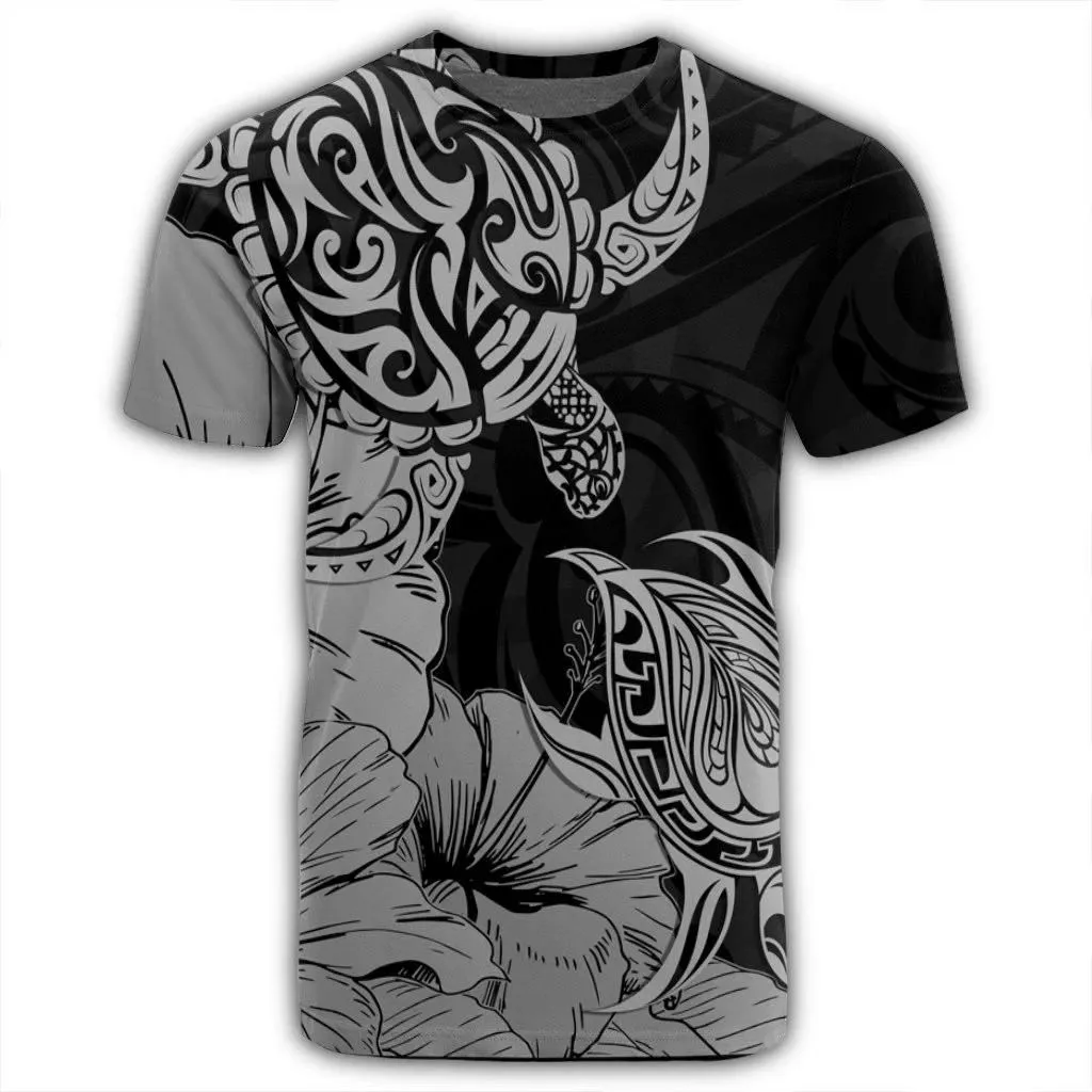 Alohawaii Tee - Hawaii Turtle T-Shirt Polynesian Hibiscus Art Gray - AH - JR