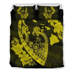 FamilyGater Home Set - Hawaiian Fish Hook Hibiscus Banzai Surfing Polynesian Bedding Set Yellow - AH - J5