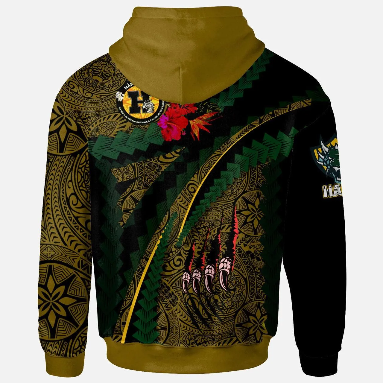 Hawaii Hana High and Elementary School Custom Polynesian Hoodie - Hana Super Dragons With Tropical Flowers Tribal Pattern Scratch Style LT10