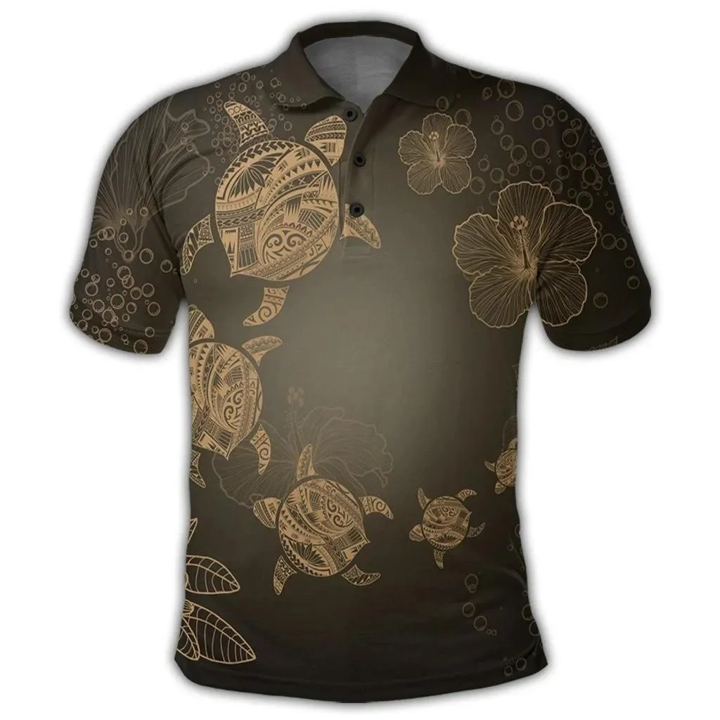Alohawaii Shirt - Hawaiian Plumeria Hibiscus Turtle Under Sea Polynesian Polo Shirt Gold AH - J7R