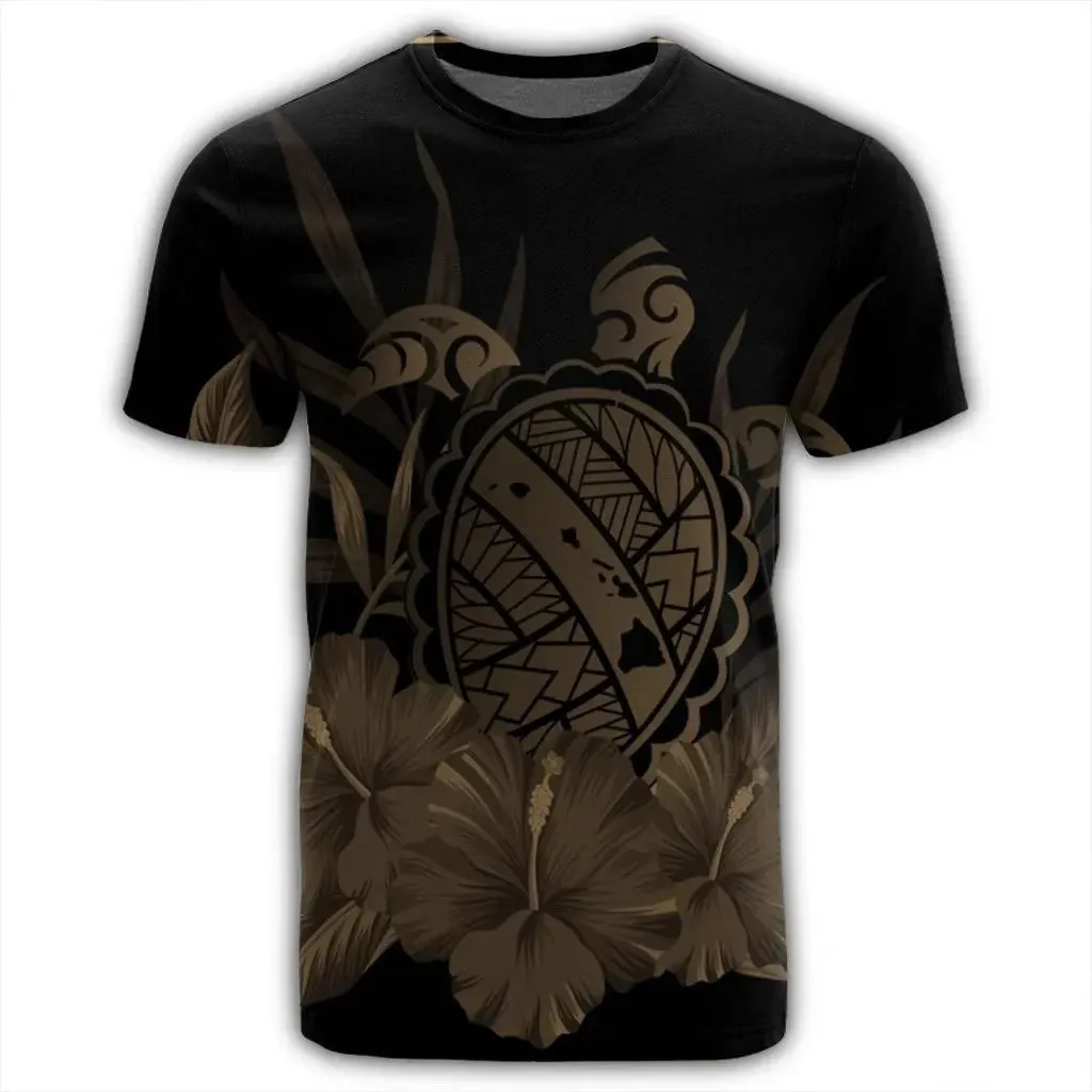 Alohawaii Tee - Hawaiian Map Turtle Hibiscus Polynesian T-shirt Gold - AH - J4R