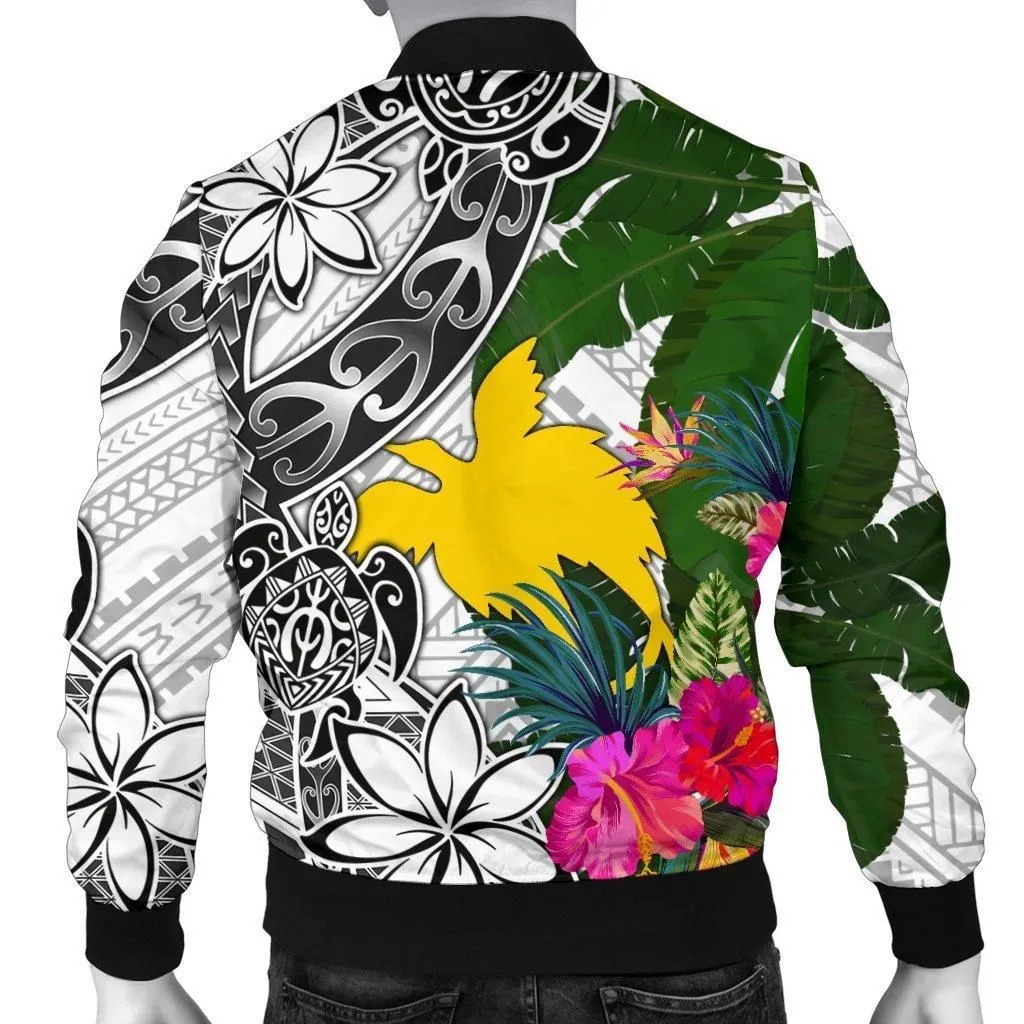 Papua New Guinea Custom Personalised Mens Bomber Jacket White - Turtle Plumeria Banana Leaf
