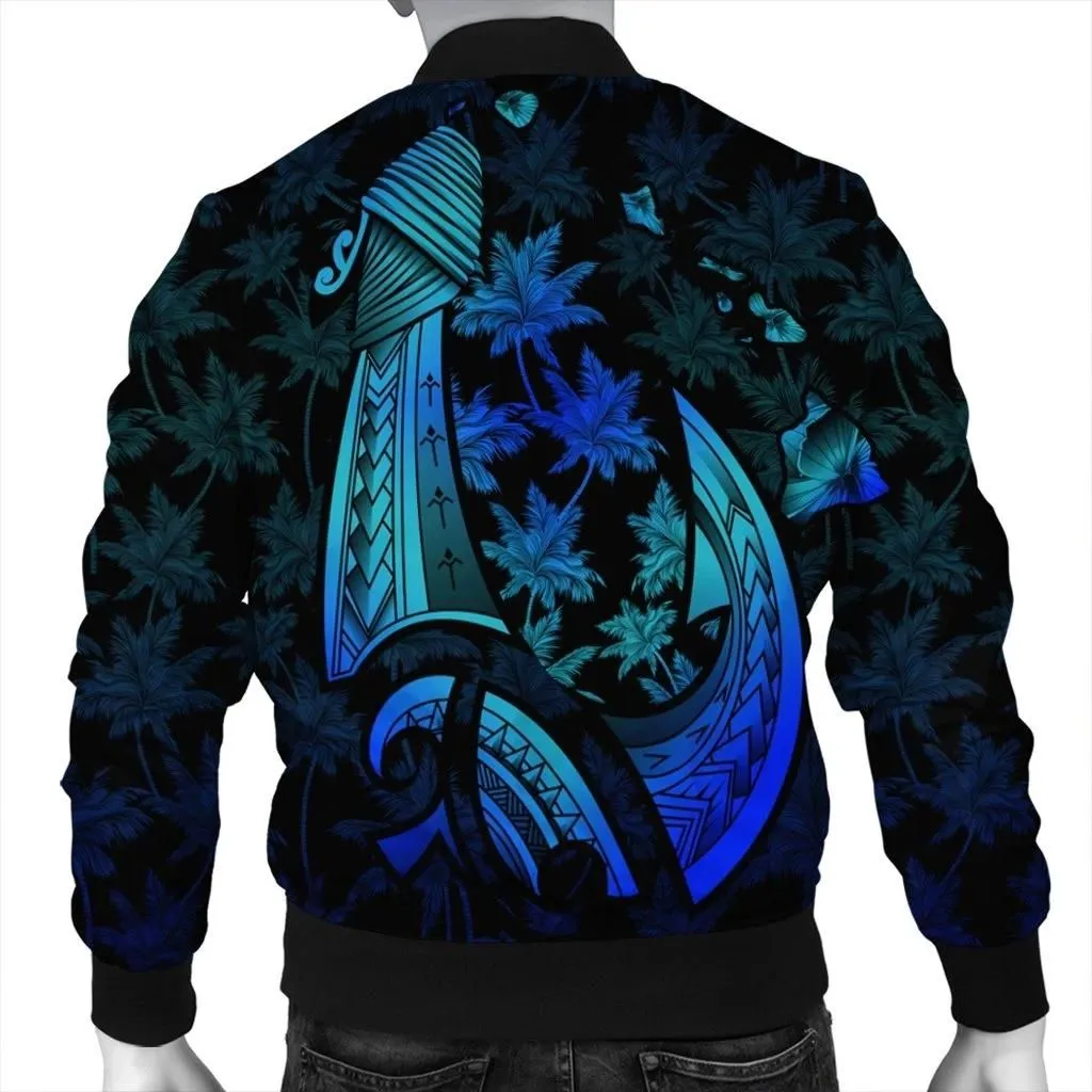 FamilyGater Jacket - Hawaiian Map Palm Trees Fish Hook Polynesian Quilt Bomber Jacket Colorful Blue - AH - J5R