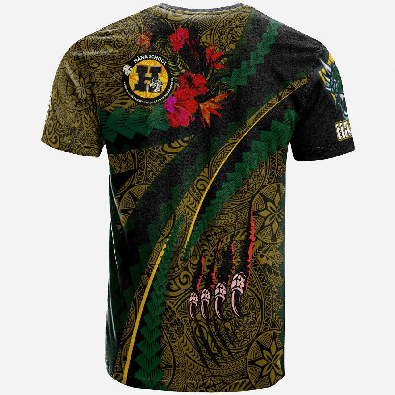Hawaii Hana High and Elementary School Custom Polynesian T shirt - Hana Dragons With Tropical Flowers Tribal Pattern Scratch Style LT10
