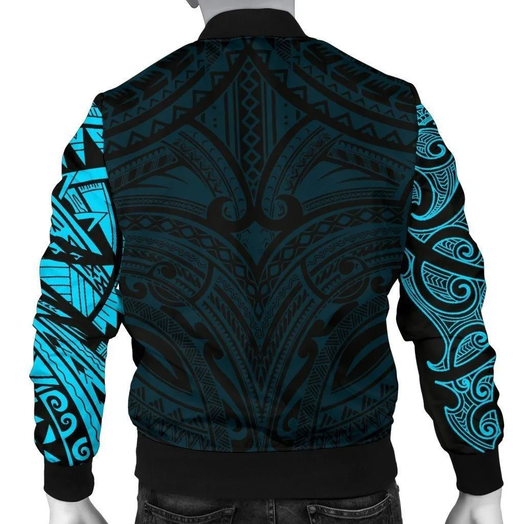 New Zealand Mens Bomber Jacket, Maori Polynesian Tattoo Blue