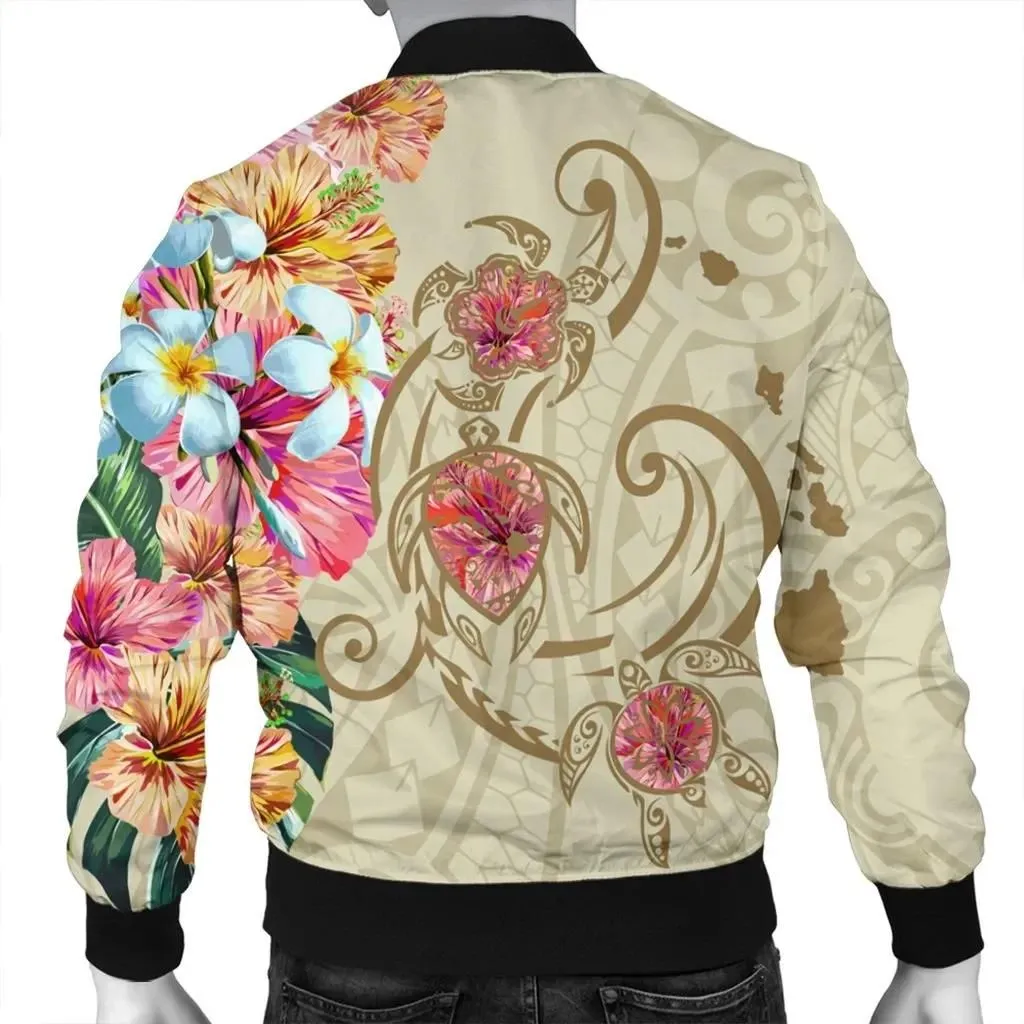 FamilyGater Jacket - Hawaii Triple Marble Turtle Polynesian Hibiscus Bomber Jacket - AH - Benjamin Style - Beige - J5R