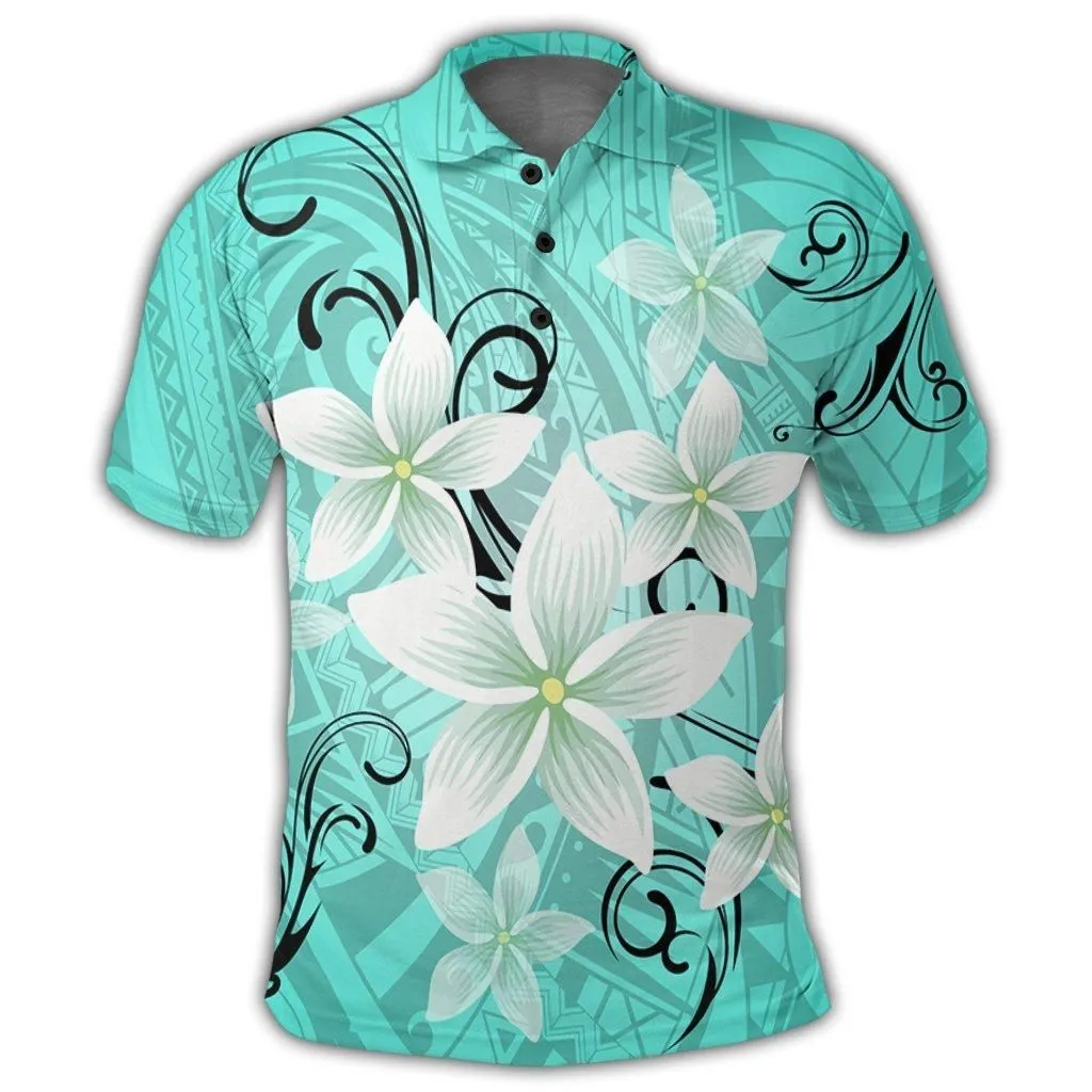 Hawaiian Plumeria Polynesian Polo Shirt - Turquoise - AH