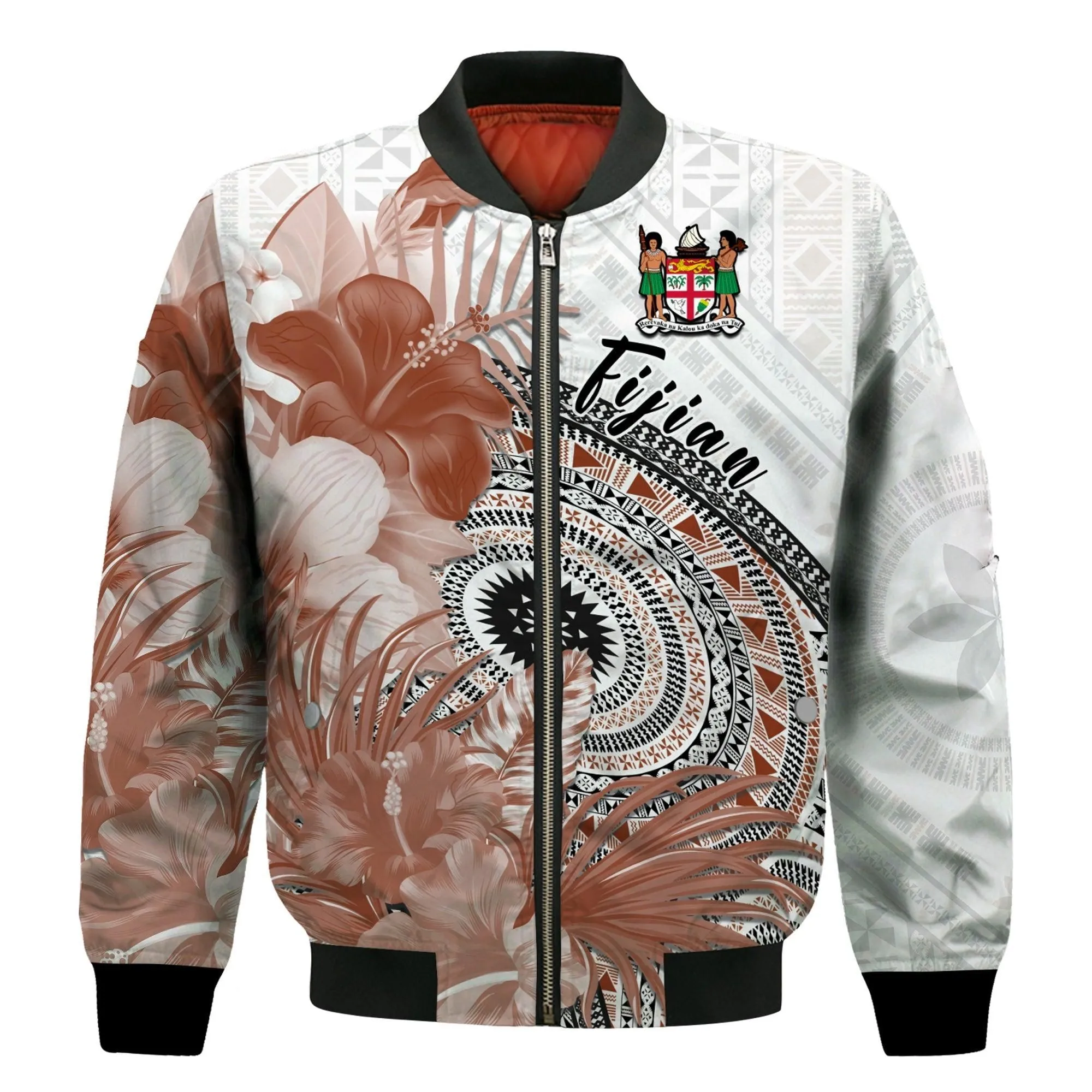 (Custom Personalised) Fiji Tapa Bomber Jacket White Fijian Masi Be Loved Hibiscus LT13