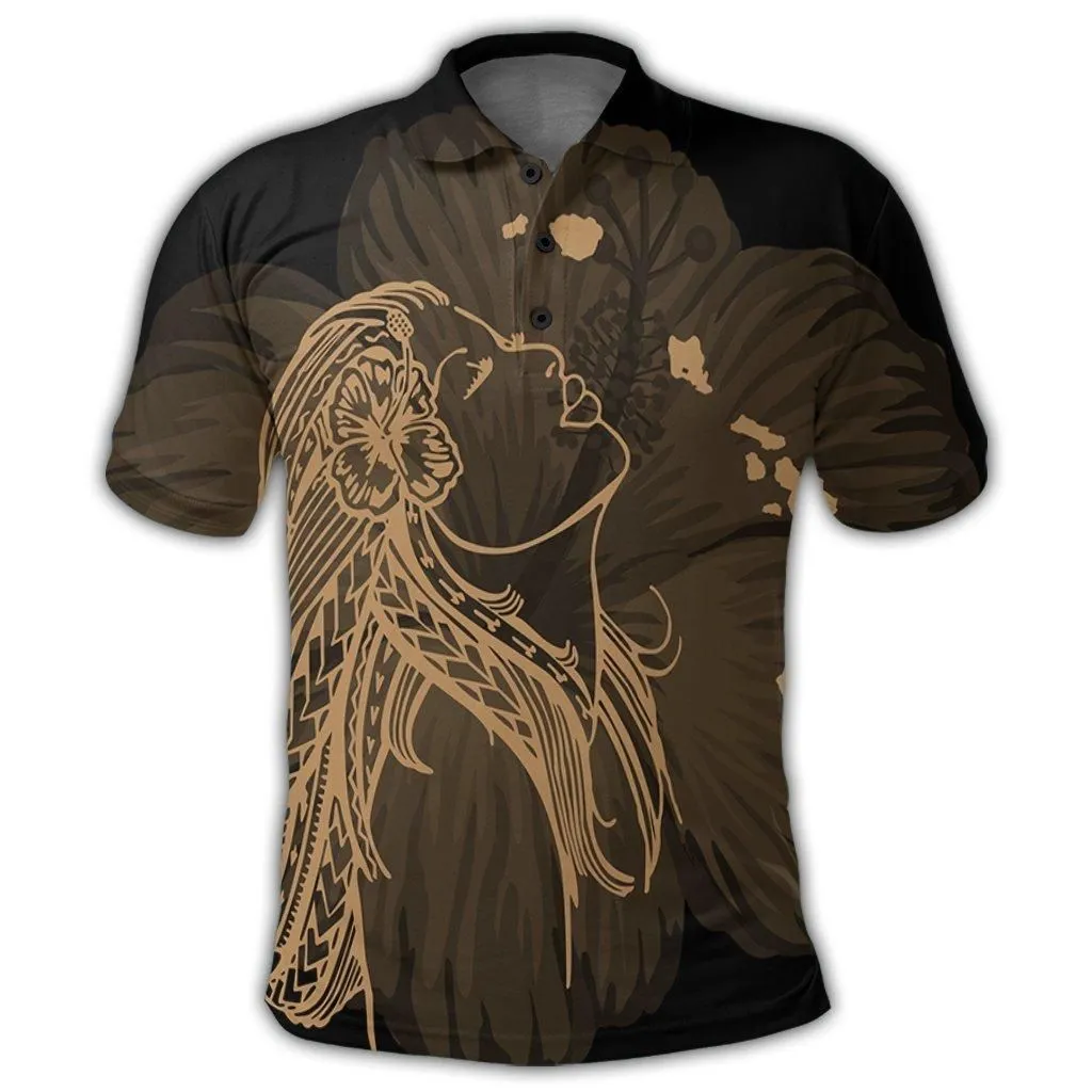 Hawaiian Map Heart Hula Girl Hibiscus Gold Polynesian Polo Shirt - AH