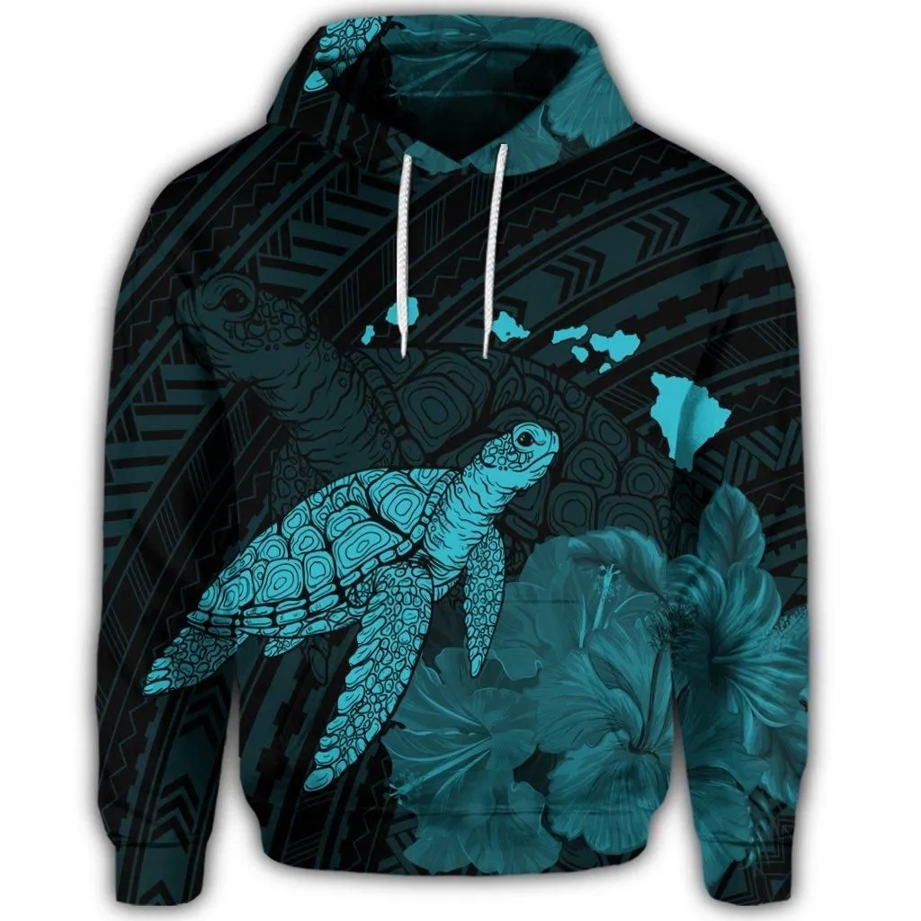 Hawaiian Polynesian Hibiscus Turtle Map Hoodie Blue