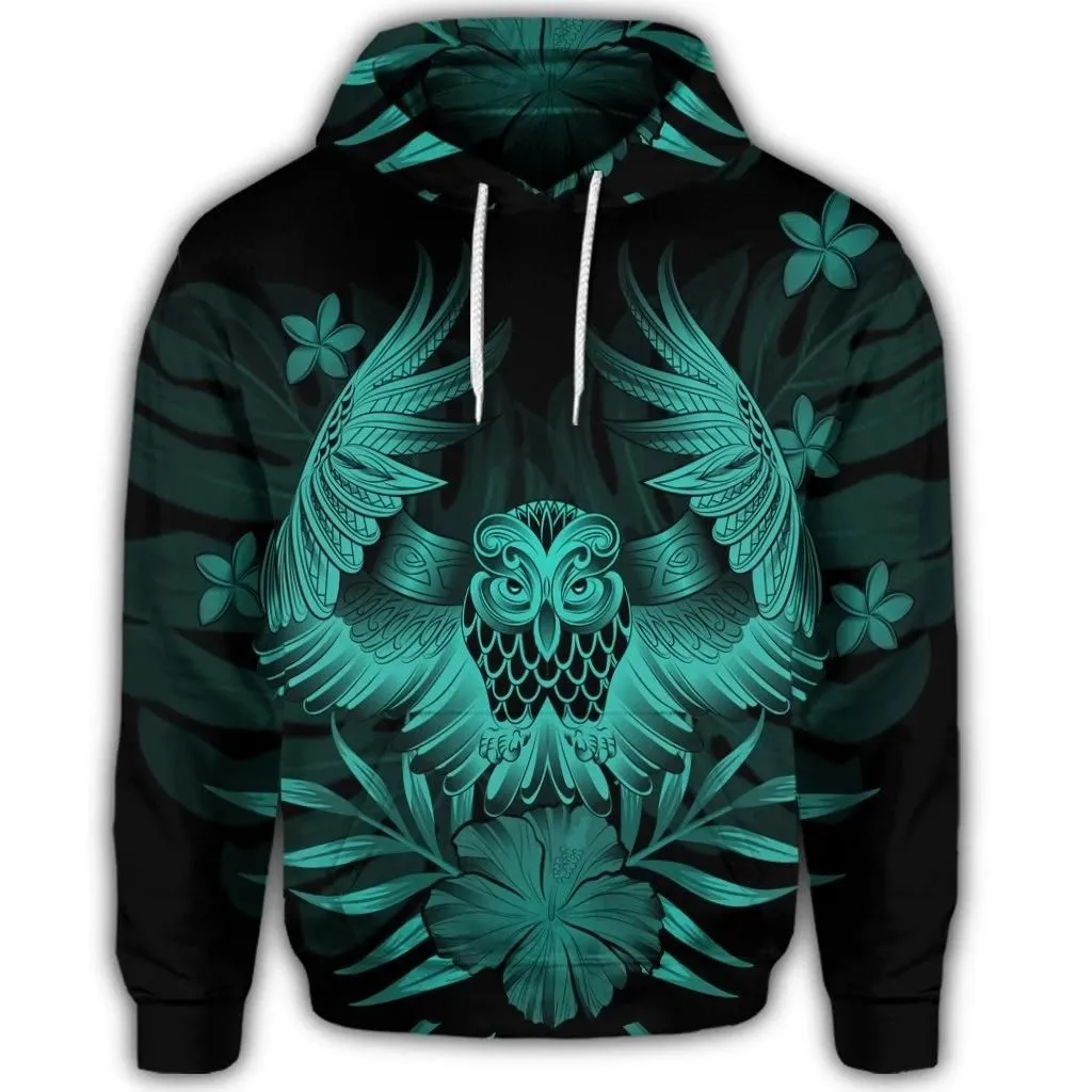 Alohawaii Hoodie - Hawaiian Owl Hibiscus Plumeria Polynesian Hoodie - Turquoise - AH - J4R