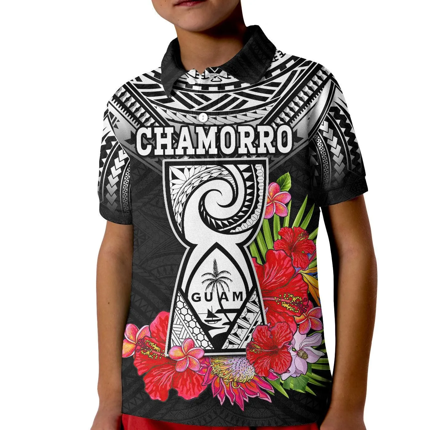 (Custom Personalised) Guam Chamorro Polo Shirt KID Guaman Latte Stone Tropical Flowers Black Style LT14