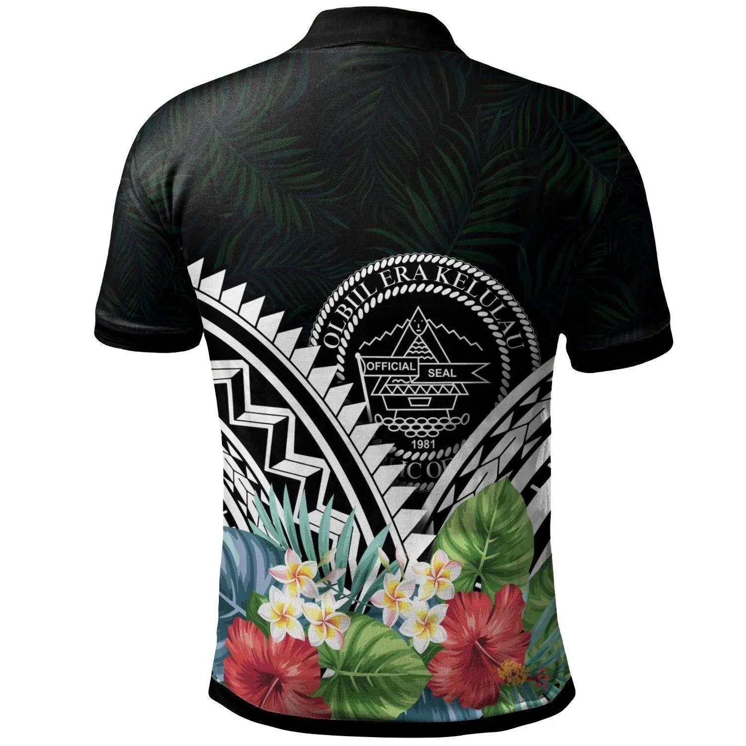 Alohawaii Shirt - Polo Shirt Palau - Palau Coat of Arms & Polynesian Tropical Flowers White - BN22