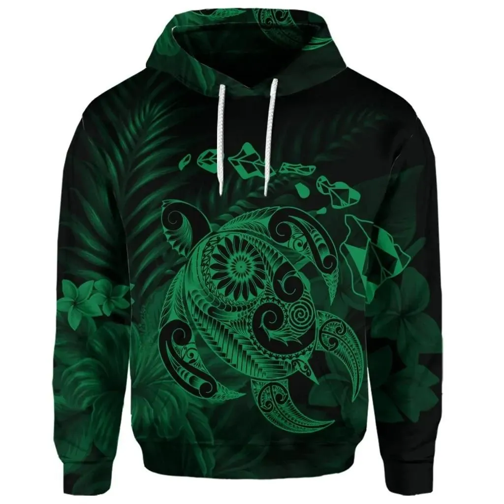 Alohawaii Hoodie - (Personalised) Hawaiian Map Turtle Tattoo Hibiscus Plumeria Polynesian Hoodie - Green - AH - J4R
