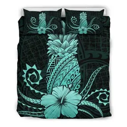 FamilyGater Home Set - Hawaii Polynesian Pineapple Hibiscus Bedding Set - Zela Style Turquoise - AH - J4