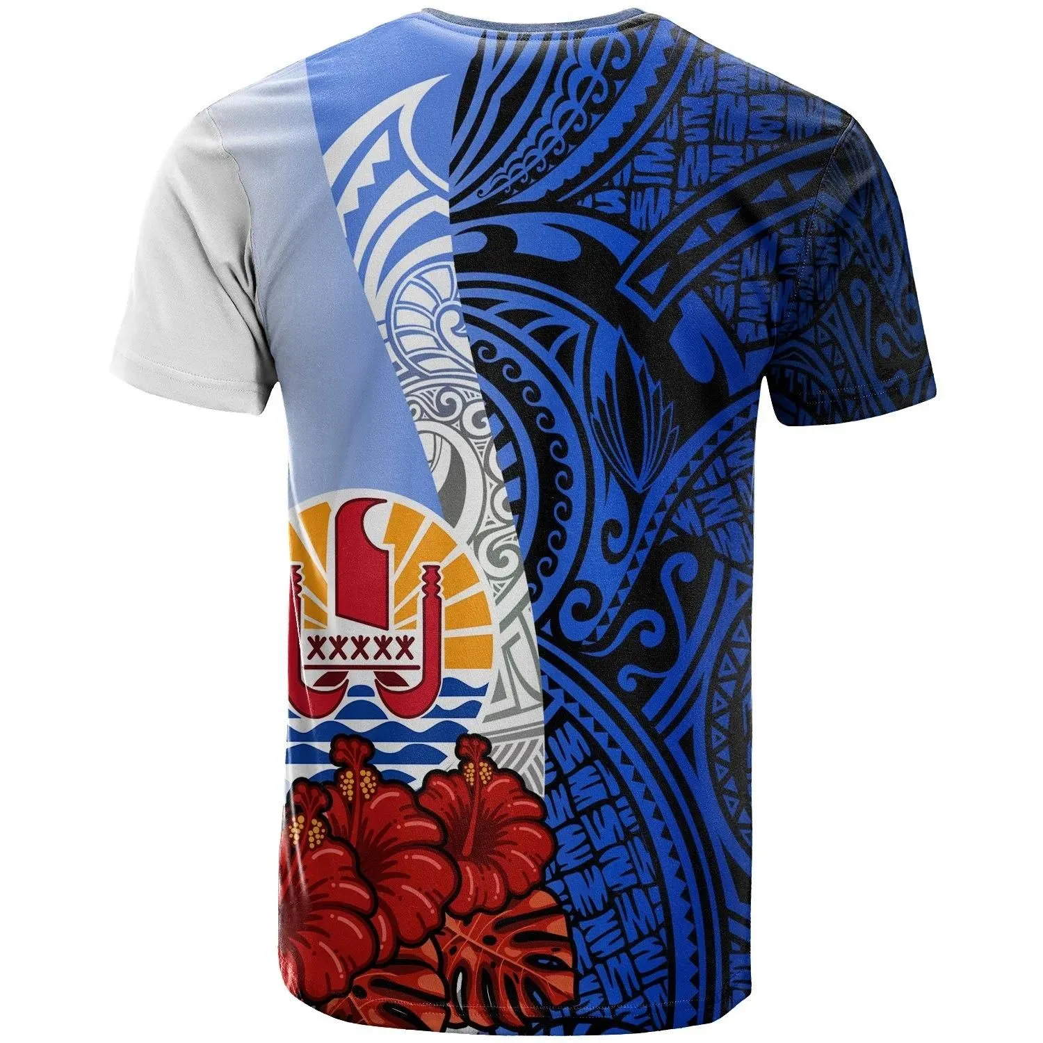 Tahiti Polynesian T-shirt - Coat Of Arm With Hibiscus Blue - BN12