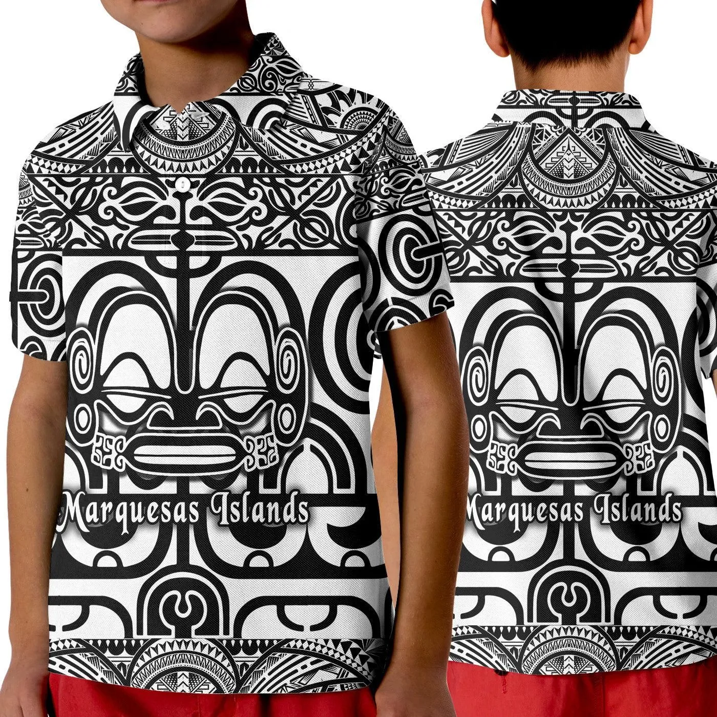 Marquesas Islands Polo Shirt KID Marquesan Tattoo Simple Style - Black LT8
