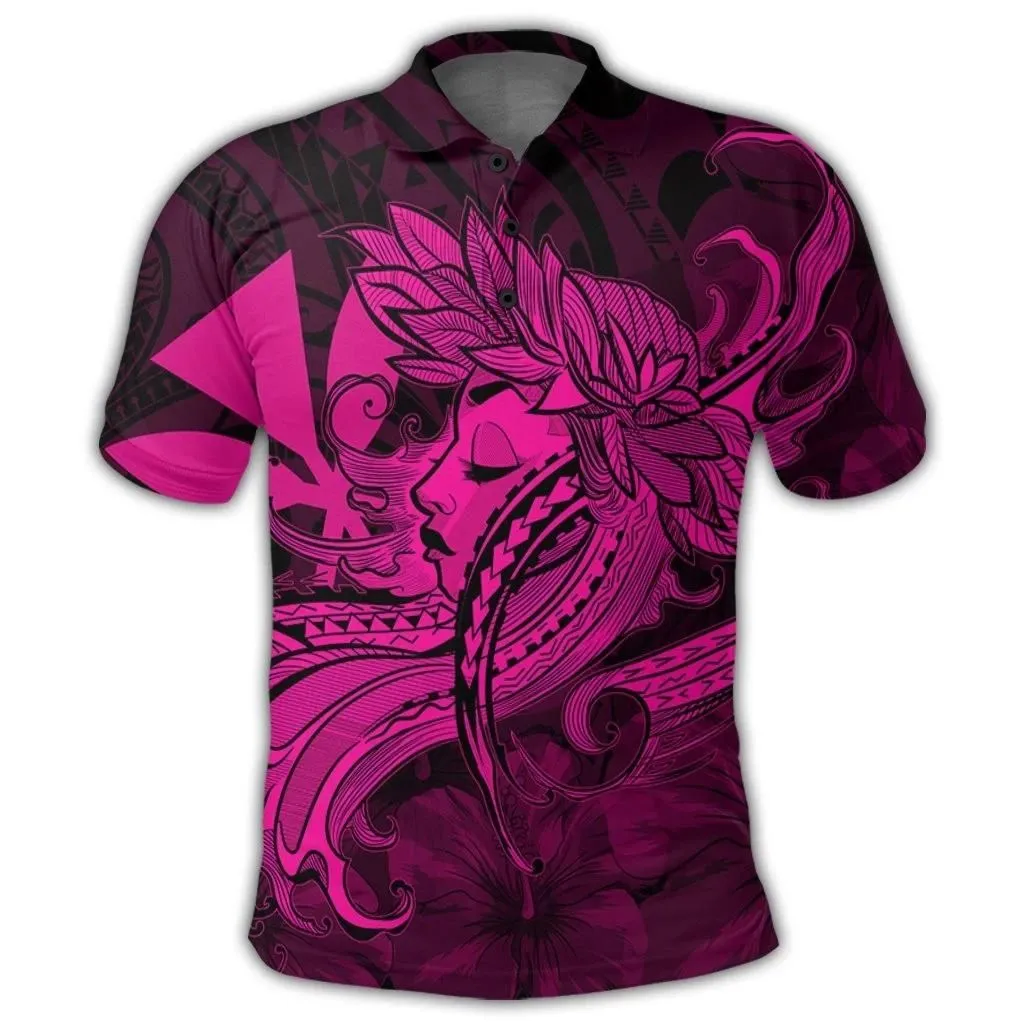Alohawaii Shirt - Hawaiian Map Hula Girl Hibiscus Kanaka Polynesian Polo Shirt - Pink - AH - J4R