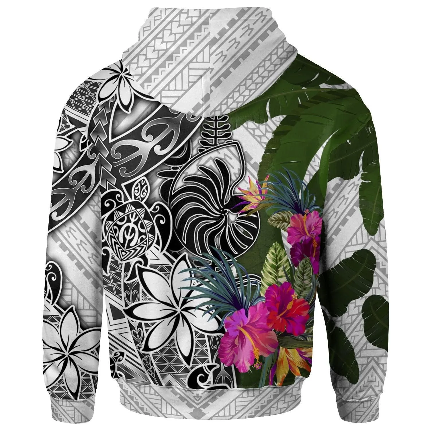 New Caledonia Hoodie White - Turtle Plumeria Banana Leaf