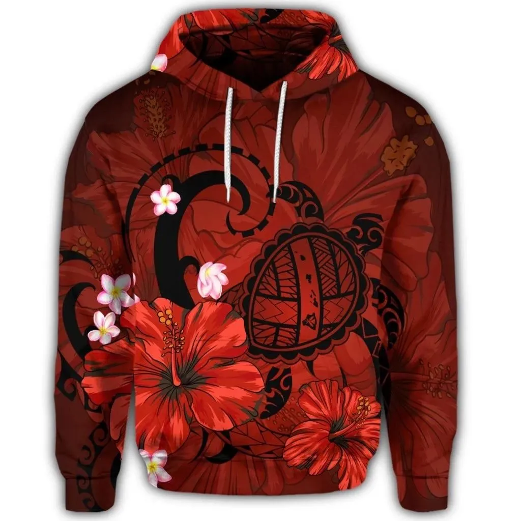 Alohawaii Hoodie - Hawaiian Map Big Turtle Hibiscus Plumeria Tribal Polynesian Hoodie - Red - AH - J6R