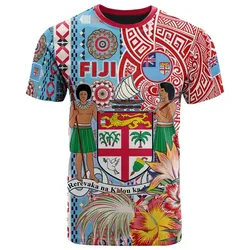 Fiji Polynesian T-shirt - Custom Fiji Coat of Arms With Tapa Patterns And Tribal Hibiscus T-shirt