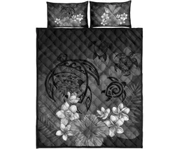 Alohawaii Home Set - Hawaiian Map Hibiscus Plumeria Kanaka Bouquet Turtle Polynesian Quilt Bedding Set - Gray - AH J9