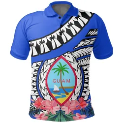 Guam Polo Shirt - Polynesian Pattern Blue With Hibiscus