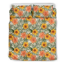 Hawaiian Tropical Hibiscus Flowers Palm Leaves  Polynesian Bedding Set