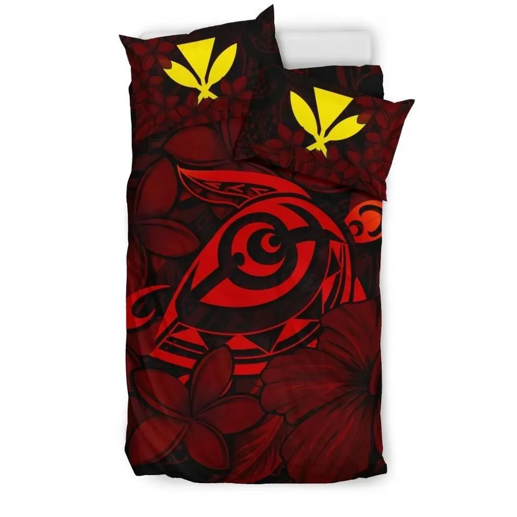 Hawaiian Turtle Hibiscus Plumeria Kanaka Polynesian Bedding Set Red - Soft Style - AH - J4