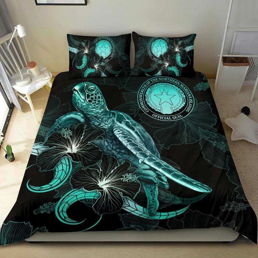CNMI Polynesian Bedding Set - Turtle With Blooming Hibiscus Turquoise