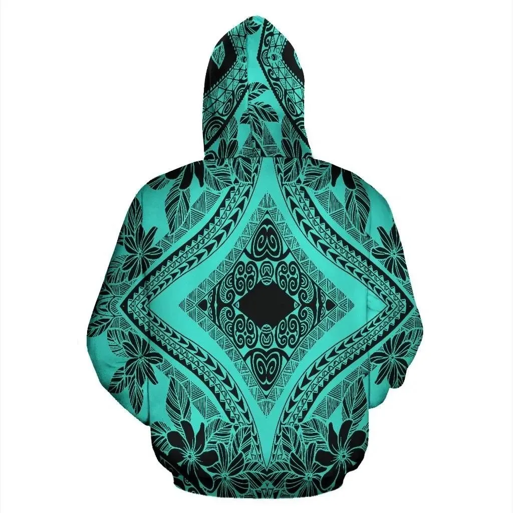 Alohawaii Hoodie - Polynesian Plumeria Mix Turquoise Black Pullover - AH - JR