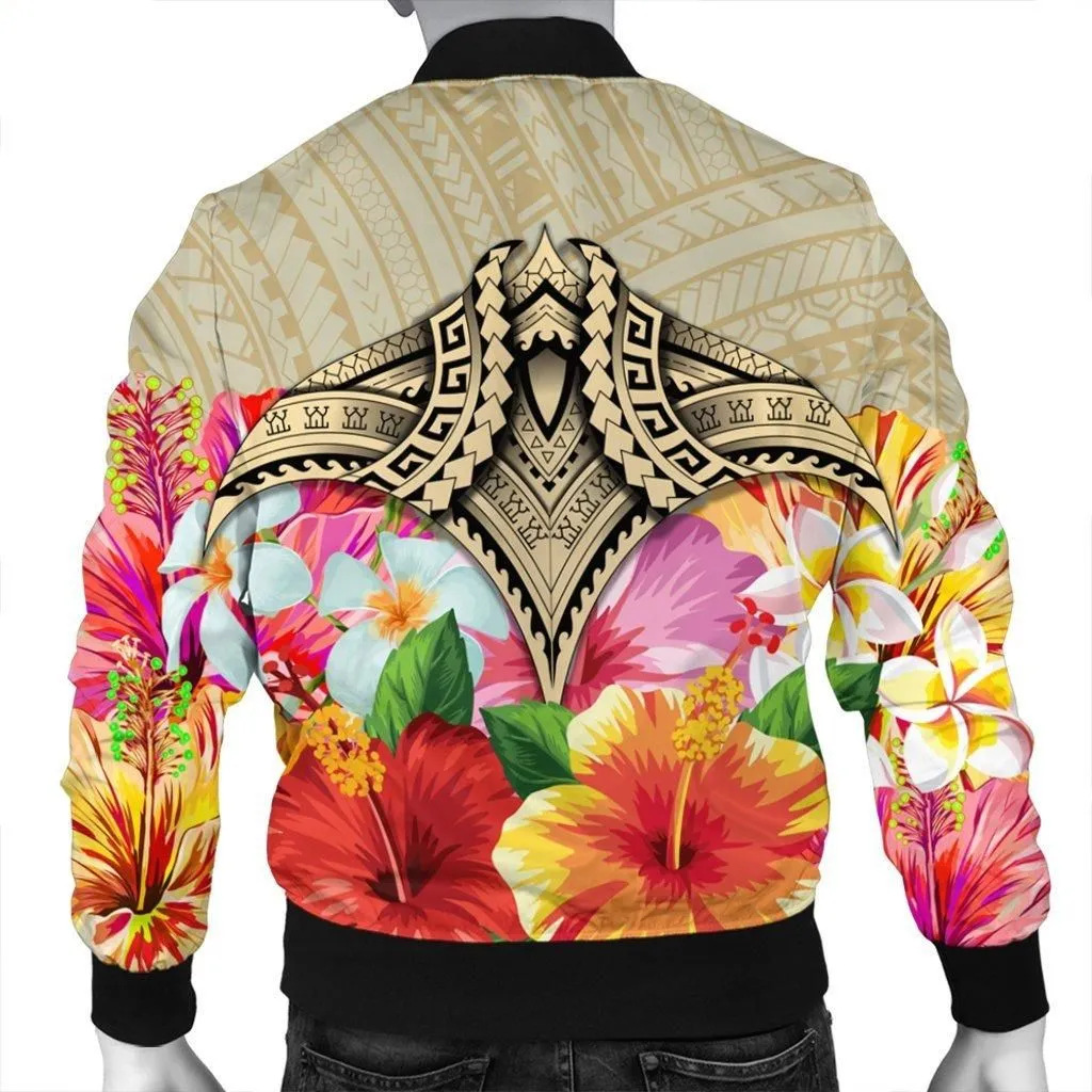 Hawaii Manta Ray Tropical Hibiscus Plumeria Polynesian Bomber Jacket - AH