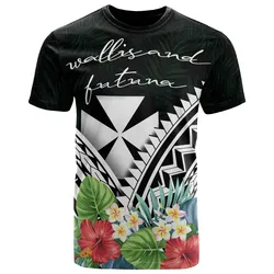 Wallis and Futuna Polynesian T-Shirts - Wallis and Futuna Coat of Arms & Polynesian Tropical Flowers White - BN22