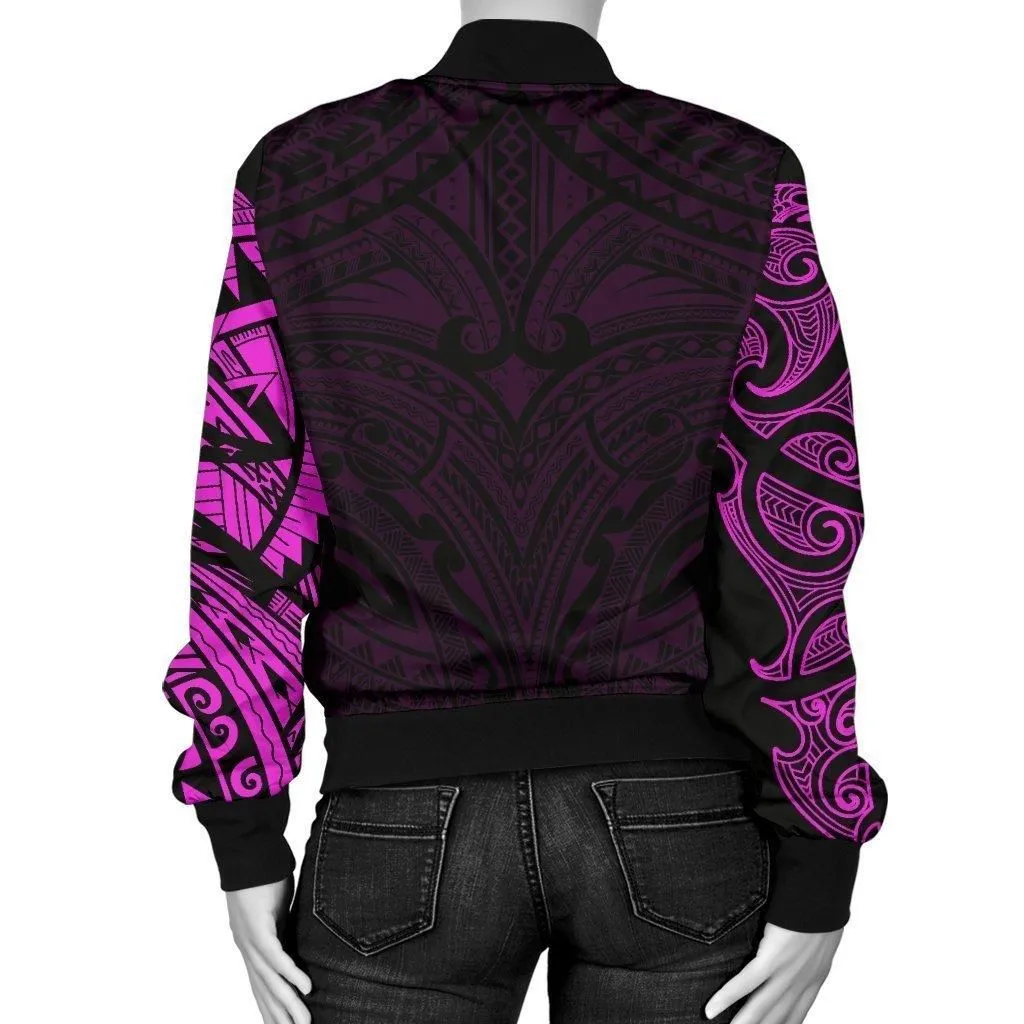 New Zealand Womens Bomber Jacket, Maori Polynesian Tattoo Purple