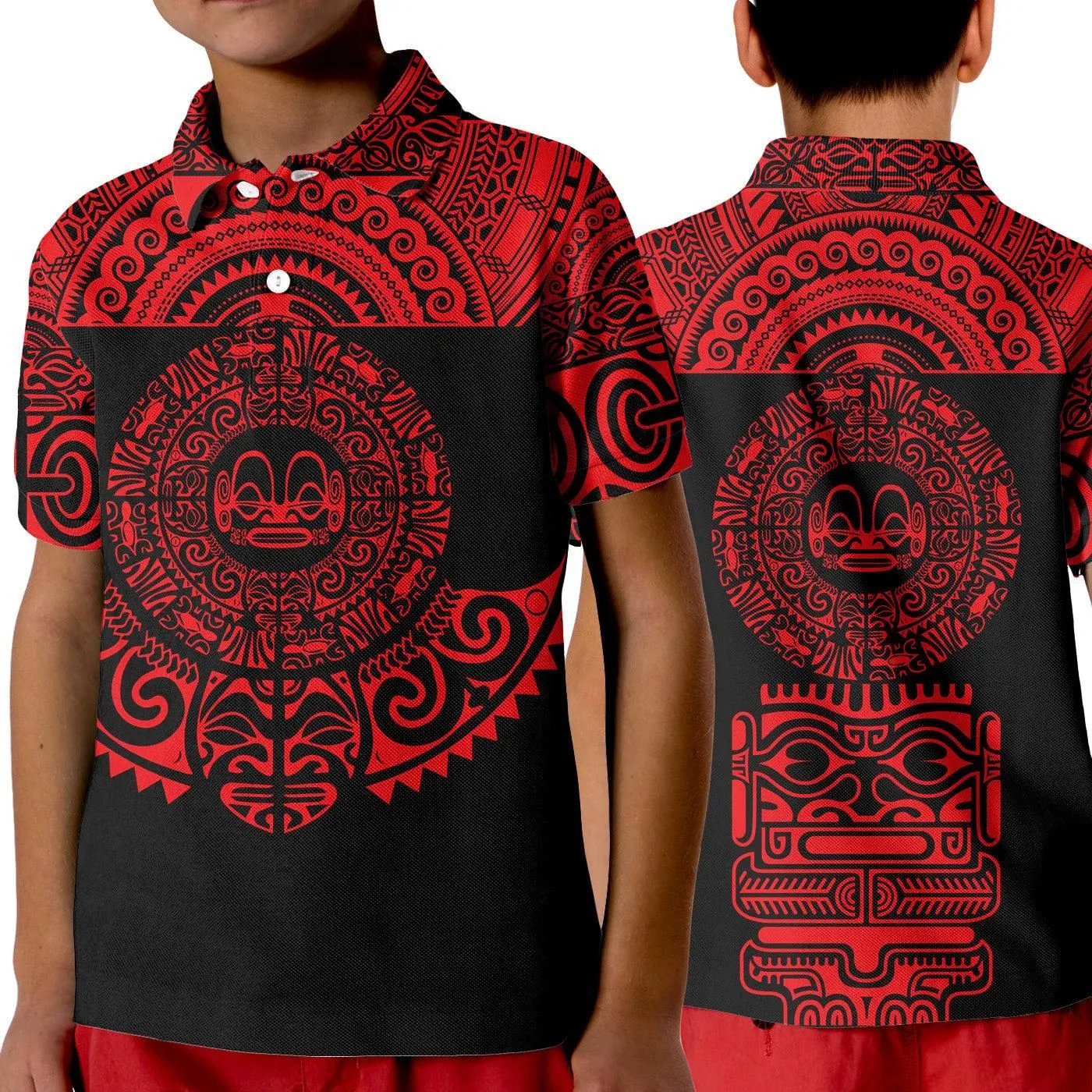 Marquesas Islands Polo Shirt KID Marquesan Tattoo Simplified Version - Red LT8