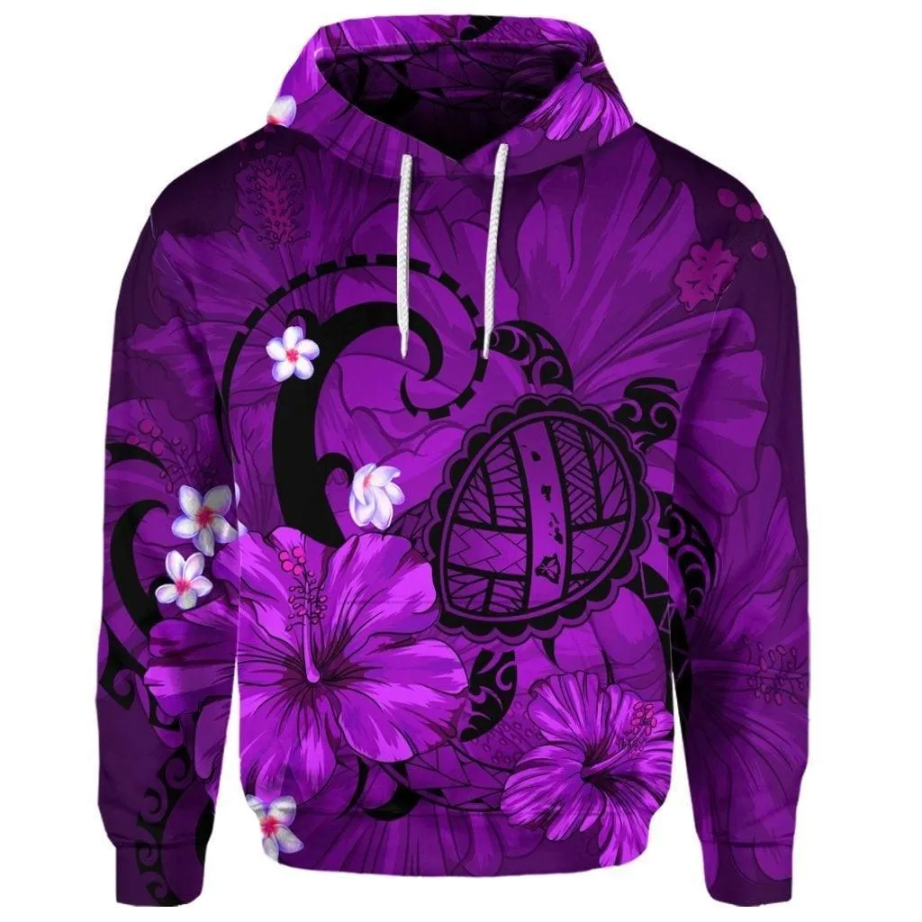 (Personalised) Hawaiian Map Big Turtle Hibiscus Plumeria Tribal Polynesian Hoodie - Purple